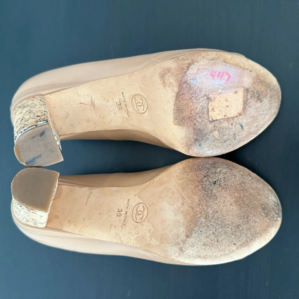 CHANEL Peep Toe Platform Cork Chain Interlocking CC Logo Pumps